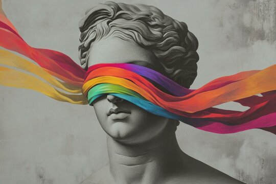 Artistic representation of a blindfolded statue with colorful ribbons, symbolizing freedom, creativity, and expression in a minimalist style, perfect for art focused projects - Powered by Adobe