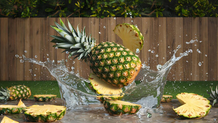 Juicy pineapple splash of water is a dynamic shot of freshness and energy. Flying pineapple pieces in water drops create a bright and refreshing composition for advertising and design