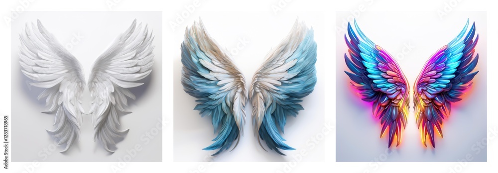 Poster Isolated collection of three pairs of wings in different styles and colors. White, blue, and multicolored feathered wings are presented on white.