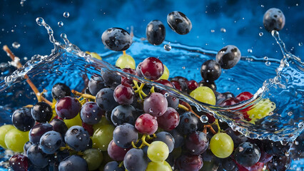 A breathtaking macro shot of colorful grapes in a splash of water, conveying the dynamics, freshness and juiciness of ripe berries against a background of rich blue color