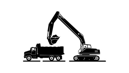 Excavator loading dump truck, black isolated silhouette