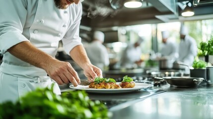An elegant chef meticulously serves gourmet plates in a bustling kitchen, emphasizing the finesse and dedication it takes to create exceptional culinary delights for guests.