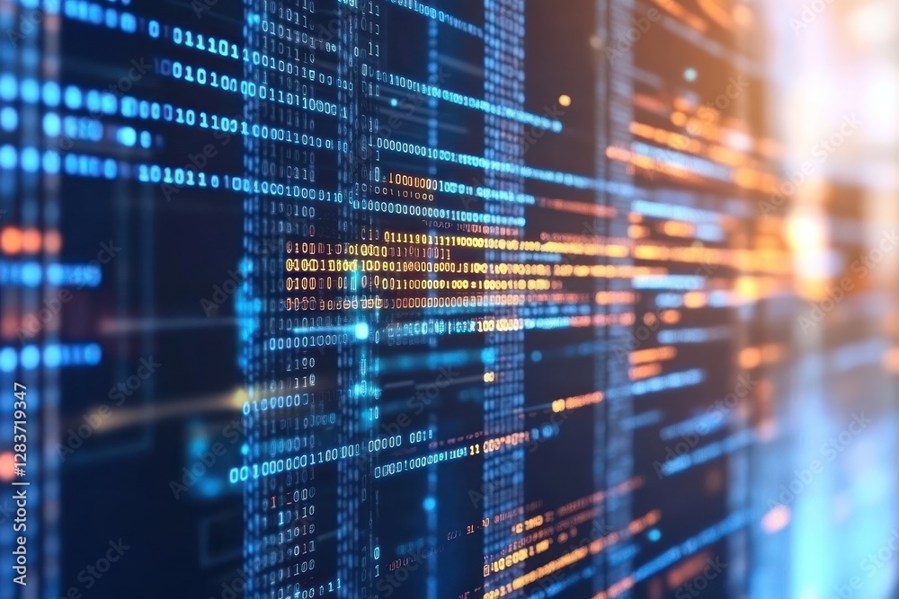Poster abstract data visualization with bright lines and code