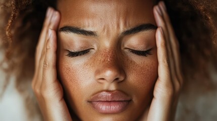 Fototapeta premium A close-up portrait of a woman expressing stress and anxiety by pressing her hands against her forehead, highlighting human emotions and the importance of mental health.