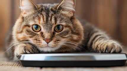 A beautiful tabby cat rests curiously on a sleek board, showcasing its captivating eyes and stunning fur, embodying feline character in a tranquil setting.