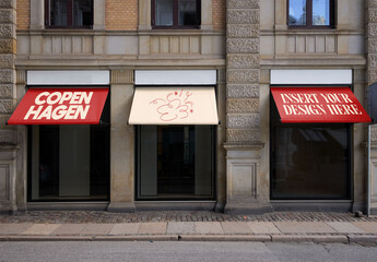 Three Awnings on a storefront in Copenhagen. PSD ready for mockup