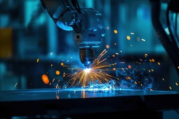 Fototapeta premium a robotic arm performing precise laser welding on aerospace components, bathed in electric blue light, with streams of golden sparks cascading through a high-tech manufacturing facility