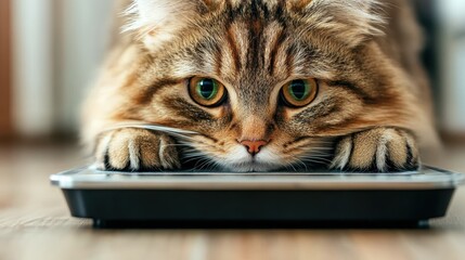 A playful tabby cat is seen staring intently at a digital scale, showcasing its curious nature and highlighting the bond between pets and their surroundings.