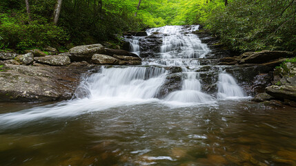 Breathtaking waterfall cascading over moss-covered rocks in a dense green forest, with flowing water creating a misty and peaceful natural landscape, ideal for travel, meditation, and relaxation theme