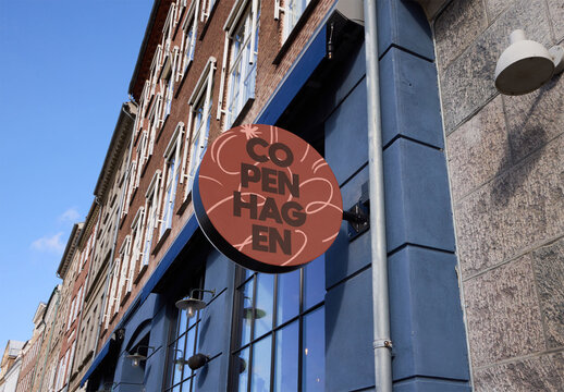 Business hanging retail Mockup on Urban Building in Copenhagen