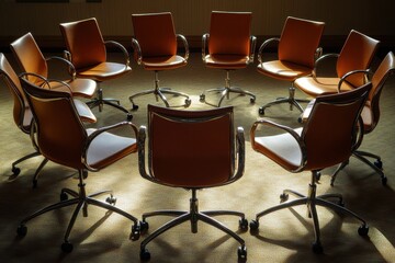 Obraz premium Vacant Business Chairs Arranged in a Circular Formation for Meetings and Conferences