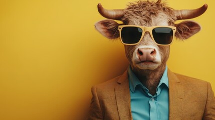 A humorous rendition of a cow with sunglasses, presented in a sharp suit against a bright yellow background, highlights creativity and playfulness combined in one image.
