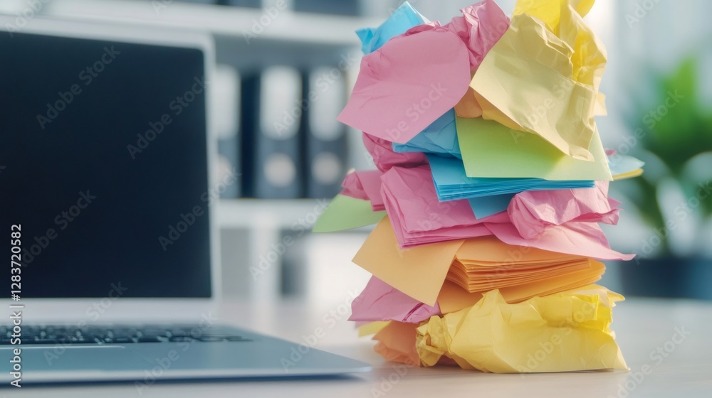 Poster Chaotic stack of colorful sticky notes piled high beside a laptop symbolizes multitasking and stress in a busy work environment. Represents time management challenges and looming deadlines