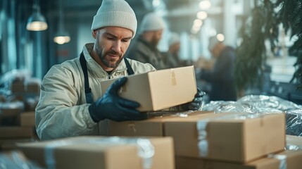 A diligent warehouse worker carefully sorting packages, showcasing commitment to quality and attention to detail, set within a well-organized environment that promotes efficiency.