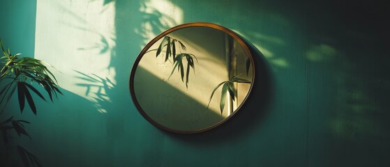 A round mirror reflects sunlight and bamboo, creating an interplay of light and nature in a tranquil setting.