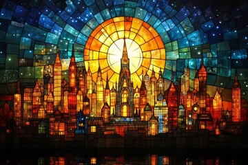 Stained Glass Cityscape: A radiant skyline illuminated by a celestial glow.