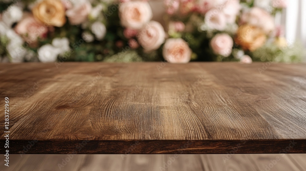 Poster sitting in a tranquil indoor space, the empty wooden table showcases its rustic charm, while soft hu