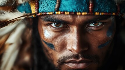 A striking close-up portrait of a cultural warrior displaying deep focus and captivating eyes, adorned with symbols highlighting their rich cultural heritage.