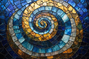 Fototapeta premium Abstract mosaic with a swirling pattern in shades of blue, gold, and gray.