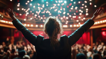 A dynamic view of a performer with arms raised triumphantly, celebrating creativity and connection with the audience, enveloped in colorful stage lights, embodying pure joy.
