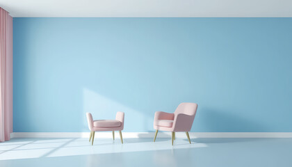 Cozy Living Room with Pink Chairs and Blue Wall Background