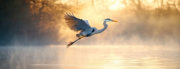 Obraz premium Heron flying sunrise river mist nature calm