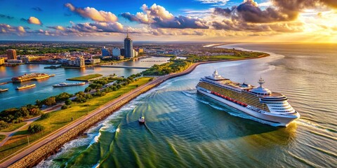 High-angle view of Galveston cruise ship activity in 2016.