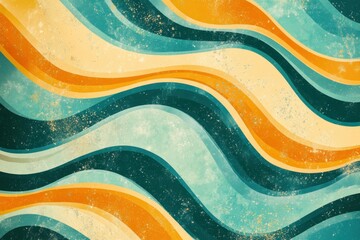 Abstract wavy patterns in vibrant colors representing a retro theme with shades of yellow, orange, turquoise, and dark blue for creative backgrounds