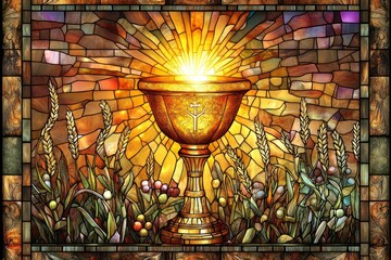 Stained glass image of a chalice, wheat, and light bursting from behind it.