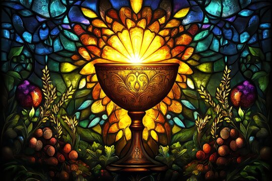 Ornate goblet amidst stained glass and flora; radiant, spiritual imagery.