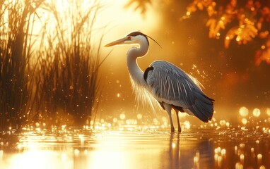 Fototapeta premium Heron sunrise autumn lake nature wildlife