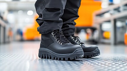 Close-up of person wearing black, rugged work boots with thick soles in an industrial setting.