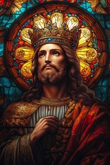 Obraz premium Stained Glass Portrait of a Divine Figure with Crown