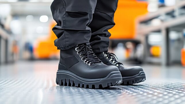 Close-up of person wearing black, rugged work boots with thick soles in an industrial setting.