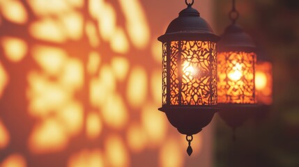 Decorative Lanterns Casting Shadows on Wall During Evening Light
