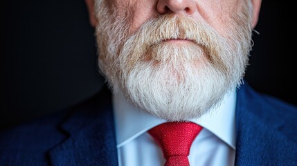 Close-up of senior man's beard, suit, red tie, dark background, business portrait
