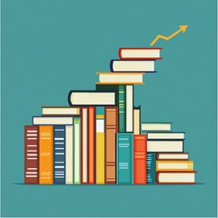 An illustration of stacked books with a growing arrow, symbolizing knowledge and education progress.
