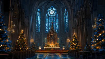 Dark gothic cathedral interior with blue stained glass windows, altar, and christmas trees. Dark Gothic Cathedral Interior. Illustration