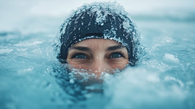 A swimmer adorned with ice on their cap gazes intensely above freezing waters, capturing a moment of determination and bravery in a winter adventure.