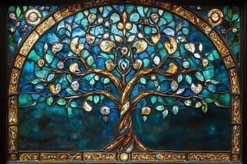 Stained Glass Tree of Life: Intricate design in vibrant blues and golds.