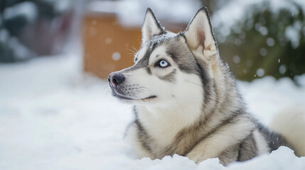 Naklejka premium Snowy day with a playful husky enjoying the winter landscape