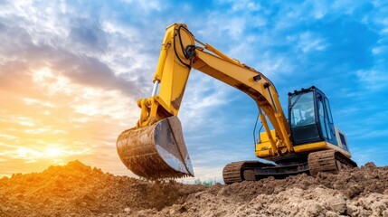 Yellow excavator digs soil at sunset, under a vibrant blue and orange sky.