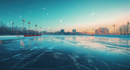 Textured Ice Rink Surface with Scratches: A Cold Blue Winter Background for Leisure Skating