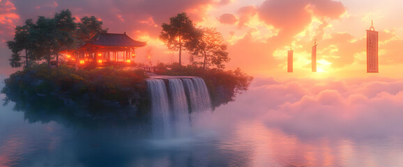 Obraz premium Floating Island Temple With Waterfall Under Warm Sky At Sunset Peaceful Scenery Featuring Traditional Architecture Towering Structures And Soft Mist