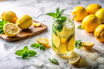 Fototapeta premium Lemonade with Mint and Lemon on White Marble Table