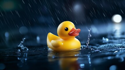 Yellow rubber duck is in a puddle of water. Minimalistic background.