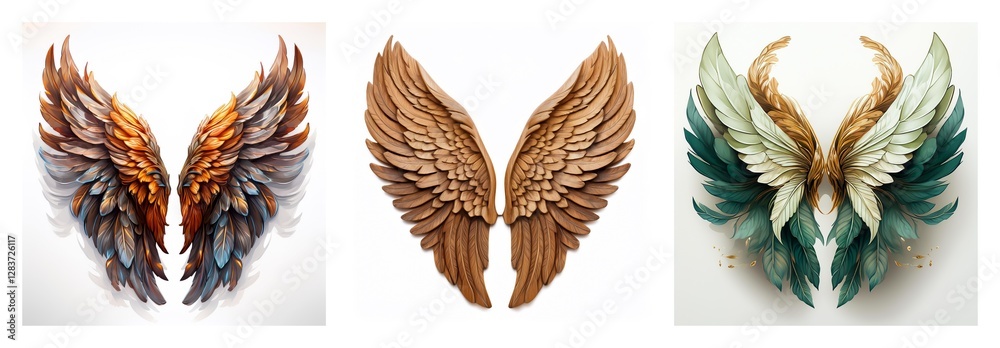 Poster isolated collection of three pairs of wings. diverse feather textures and colors are showcased, each