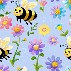 Playful bee and flower seamless pattern with vibrant colors for children's textile and wallpaper design
