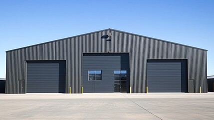 Fototapeta premium A corrugated steel warehouse against a bright blue sky, featuring simple industrial design with clean lines and symmetry, illuminated by soft natural light.