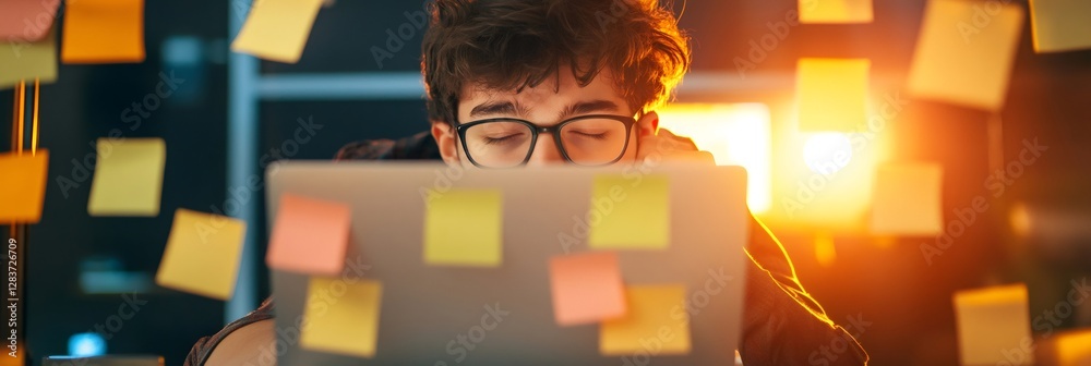 Poster Office worker struggles with multitasking and time management. Surrounded by sticky notes, he shows stress and chaos while working against a deadline in a dimly lit office